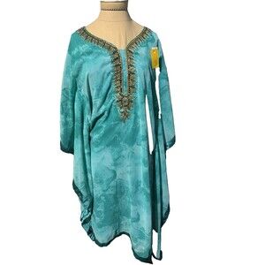 Namo Sarees Caftan Turquoise Satin Trim Gold Beading NWT  EU 40 USA 12